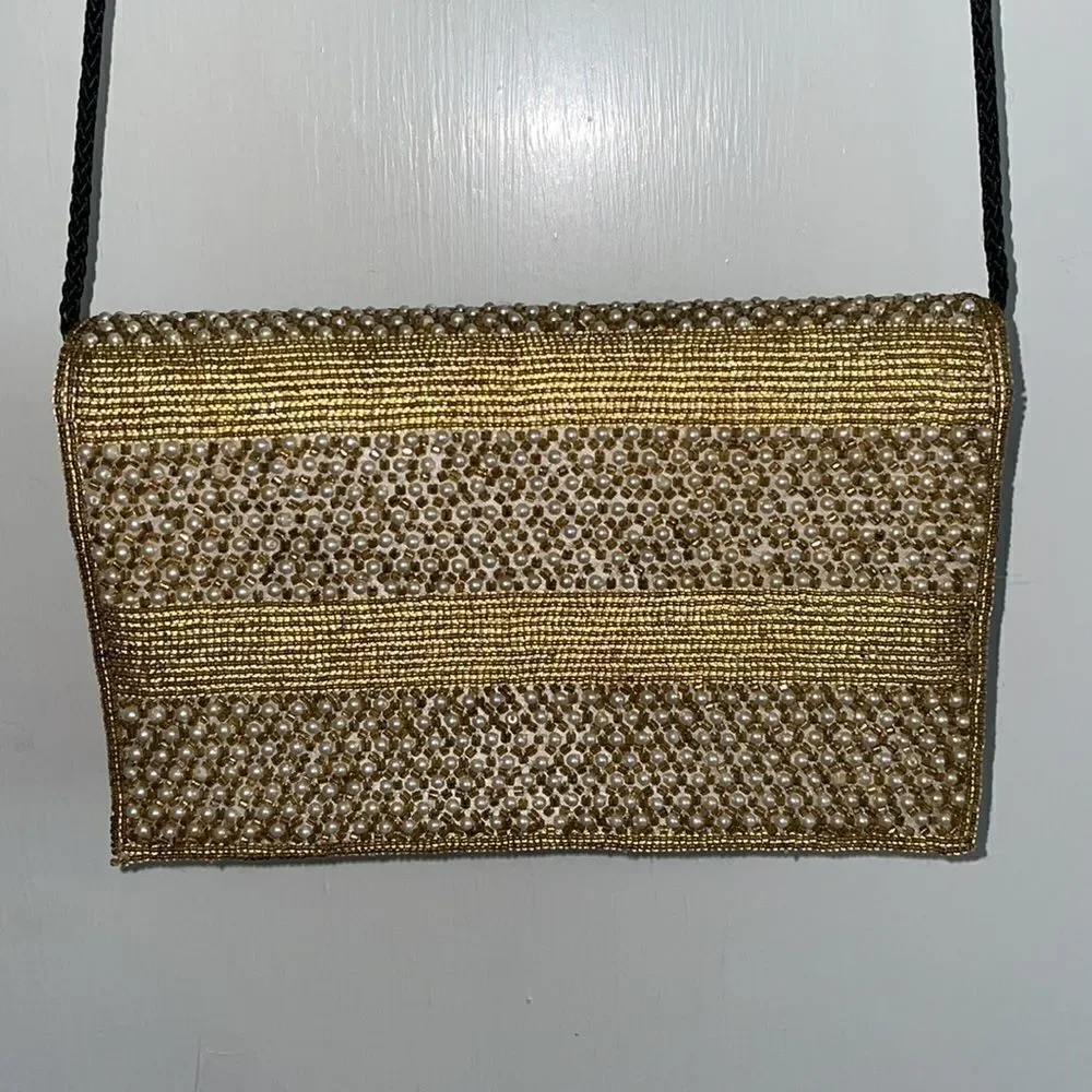Bechamel gold & pearl beaded crossbody evening bag‎